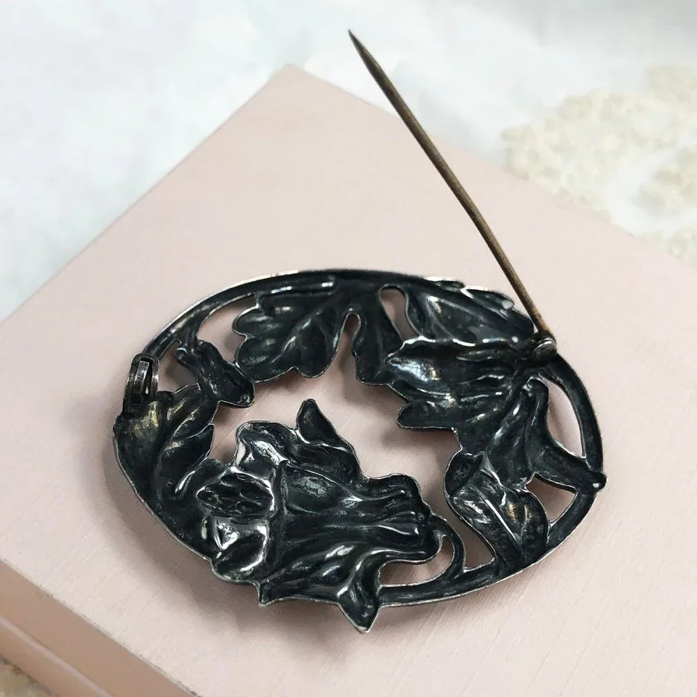 Huge thistle flower pin, large floral brooch silver tone
